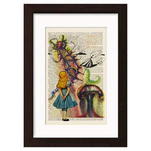 Alice gets advice from Salvador Dali&#39;s caterpillar on upcycled 1890&#39;s French Dictionary  Page mixed media original digital print