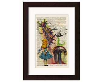 Alice gets advice from Salvador Dali's caterpillar on upcycled 1890's French Dictionary  Page mixed media original digital print