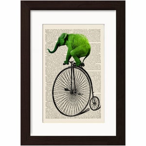 Green  Elephant on Old Bicycle altered art  Print on 1880's French  Dictionary Recycled Book Page mixed media  digital