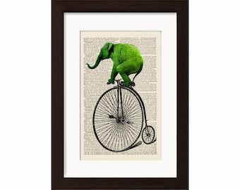 Green  Elephant on Old Bicycle altered art  Print on 1880's French  Dictionary Recycled Book Page mixed media  digital