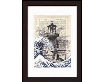Medios mixtos con pintura acrílica de la gran ola de Hokusai con tinta de faro e impresión de pintura en la página antigua de 1870