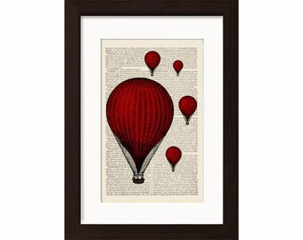 Red Balloon Print en 1900's Español Francés Diccionario Upcycled Book Page medios mixtos digital