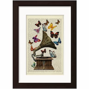 Butterfly Print Butterflies On Antique Gramophone Print on upcycled Vintage Page