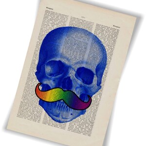 Blue Skull with Rainbow moustache Altered Art mixed media digital Print on repurposed 1870's encyclopaedia Page image 4