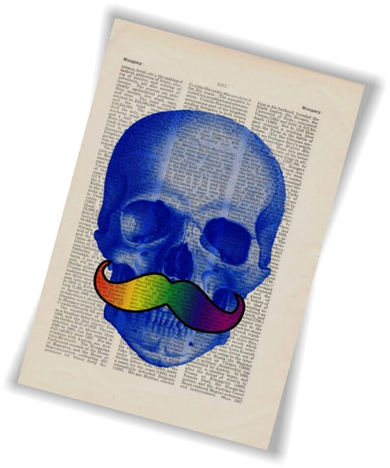 Blue Skull with Rainbow moustache Altered Art mixed media digital Print on repurposed 1870's encyclopaedia Page image 4