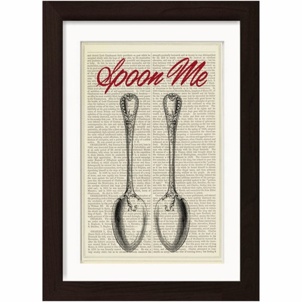 Spoon me - Cuddle me- Snuggle me print on upcycled Vintage 1880's Page mixed media digital lovers couples friends