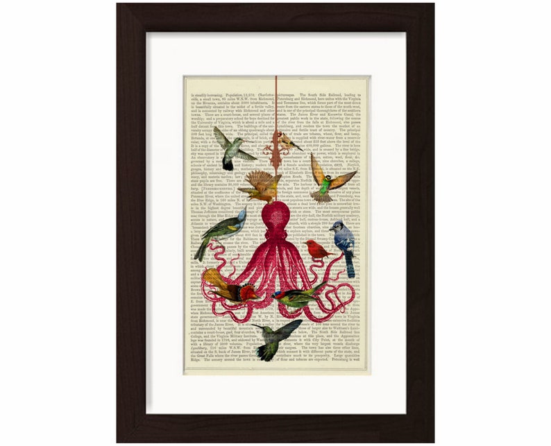 Octopus Chandelier with Birds Altered Art print on vintage 1870's upcycled book page mixed media digital image 1