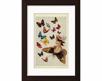 Fairy On Butterfly And Butterflies Print on upcycled 1870's Page
