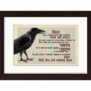 Edgar Allan Poe the Raven Print on upcycled Vintage Page mixed media  digital