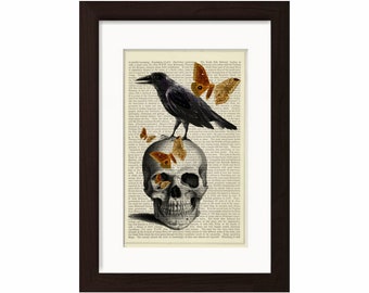 Raven on Skull print on vintage (1870's) upcycled book page mixed media  digital