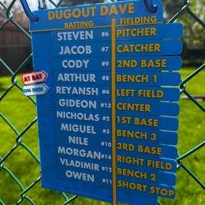 May include: A blue baseball dugout lineup board with white text. The board lists player names and positions, including pitcher, catcher, and shortstop. The text "DUGOUT DAVE" is at the top. The board hangs on a green chain-link fence.