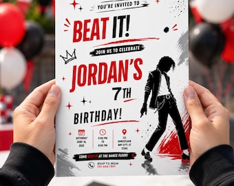 Michael Jackson Beat It Geburtstagsparty einladen | Pop Star Party Vorlage | Michael Jackson Geburtstagskind | Canva Vorlage | Digitaler Download
