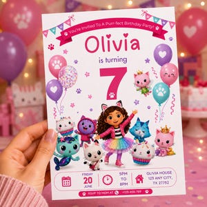 May include: A birthday party invitation with the name "Olivia" and the number "7". The invitation is decorated with cat illustrations and the text "You're Invited To A Purr-fect Birthday Party!" in a pink and purple colour scheme.