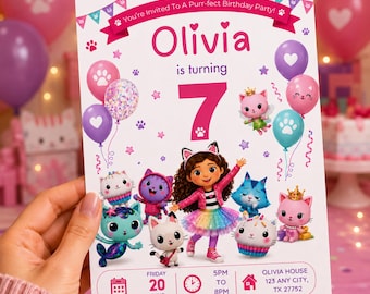Bearbeitbare Gabbys Puppenhaus-Geburtstagseinladung, bearbeitbare Gabby's Kindergeburtstagsfeier-Vorlage, Canva Digital Download Mädchen Geburtstag einladen