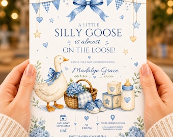 Editable Silly Goose Baby Shower Invitation Template | Blue Gingham Girl Baby Shower Invite | Silly Goose Invite | Digital Canva Invitation