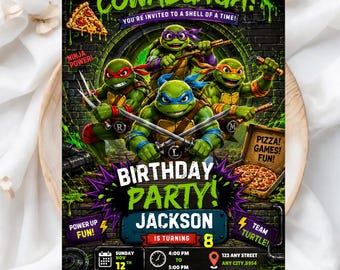 Ninja Turtles Birthday Invitation | Editable Pizza & Ninja Party Invite | Instant Download Printable |  Turtles Birthday | Canva Template