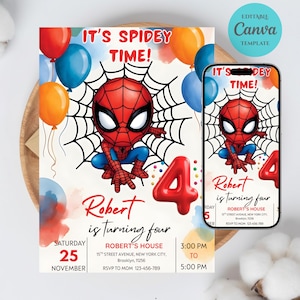 Inbjudan till Spider-Mans 4-årsdag | Inbjudan till Spider-Man-fest | Digital inbjudan till Spider-Man-pojkarnas födelsedagsfest | Redigerbar Canvas-mall