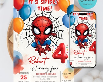 Spidey Geburtstagseinladung 4 Spinnenmann Einladung | Spider-man Jungen-Geburtstags-Party-Digital-Einladung | Bearbeitbare Canva Vorlage