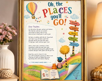 Oh, the Places You'll Go! Teacher Note Card | Oh The Places You'll Go Instruction Card for Teachers To Sign Book (Digital Download)