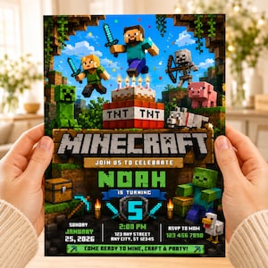 Editable Pixel Birthday Invitation | Pixel Theme Digital Template Canva Download | Block Party Invite Gamer Birthday Invitation for Boys