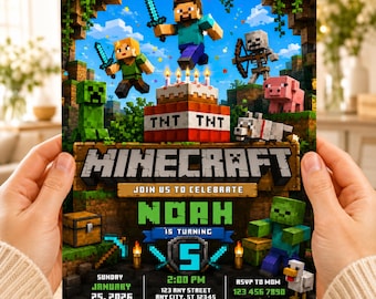 Redigerbar Pixel-födelsedagsinbjudan | Digital pixelmall för nedladdning i Canva | Blockpartyinbjudan, Gamer-födelsedagsinbjudan för pojkar