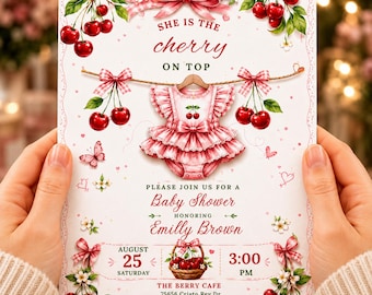 Editable Cherry on Top Baby Shower Invitation Template | Pink Berry Girl Invite | Berry Theme Invitation | Pink Bow invite Digital Download
