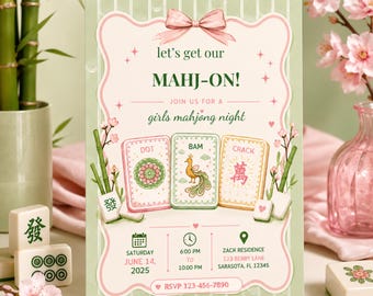 Redigerbar Canva-inbjudan till Mahjong Girls Night med Bams, Cracks, Dots-plattor, inbjudan till tjejspelskväll, Canva-mall, digital nedladdning
