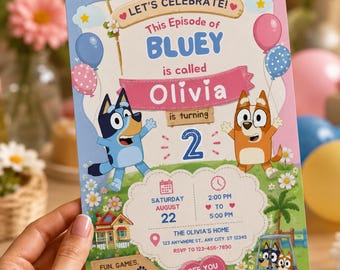 Bluey bearbeitbare Geburtstagseinladung Digitale Geburtstagsfeier-Einladung Digital Bday Party einladen Blauer Hund Jungen Mädchen Sofort-Download-Vorlage