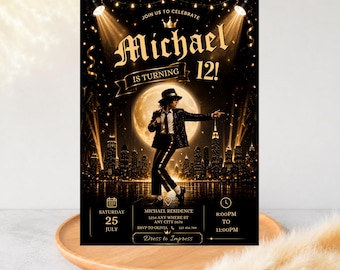 Convite para festa de aniversário do Michael Jackson | Modelo para festa de estrela pop | Aniversariante Michael Jackson | Aniversário em dourado e preto | Modelo para Canva