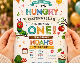 One Very Hungry Caterpillar First Birthday Invitation Template | Kids 1st Party Invitation Card | A little hungry caterpillar invitation