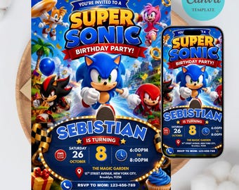 Sonic Birthday Invitation | Sonic The Hedgehog Party Invite | Editable Canva Template | Printable Kids Birthday | Editable Sonic invitation