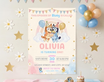 Bluey Geburtstagseinladung bearbeitbar 1st Bluey Geburtstag einladen, Bluey Kindergeburtstag einladen, Bluey Geburtstagsmädchen Einladung, Canva Vorlage