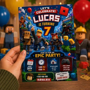 May include: A birthday party invitation featuring Roblox characters. The invitation reads "Let's Celebrate! Lucas is turning 7" with event details. The design includes a cityscape background and colorful balloons.