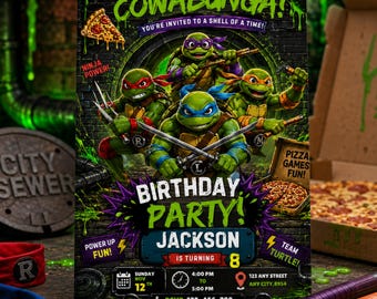 Ninja Turtles-Geburtstagseinladung | Bearbeitbar Pizza & Ninja Party Einladen | Sofort Download druckbar |  Schildkröten Geburtstag | Canva Vorlage