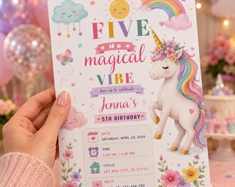 Buntes Einhorn Geburtstag einladen | Canva bearbeitbare Vorlage für magischen 5. Geburtstag | Magische 5.Regenbogen Party Einladen | Sofort Download