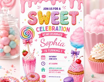 Editable Sweets Candy Birthday Invitation, Sweet Celebration Birthday Invitation, Candyland Invitation, Candy Ice Cream Donut Invitation