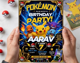 Bearbeitbare Pokemon-Geburtstagseinladung, Pikachu Party einladen, bearbeitbare Pokemon-Geburtstagskarte, digitaler Download, Canva-Vorlage