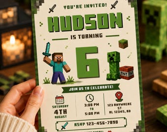 Pixel-Block-Geburtstagseinladung | Abenteuer Party einladen | Kids Canva Vorlage (Digitaler Download)