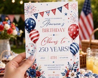 Convite para Festa de 4 de Julho: Convite com a Bandeira Americana, Festa Patriótica, Celebração do 250º Aniversário da Independência dos Estados Unidos, Modelo do Canva
