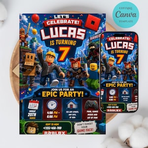 May include: A birthday party invitation featuring a Roblox theme. The invitation includes the text "Let's Celebrate! Lucas is turning 7" with colorful graphics of Roblox characters. A smartphone displays the same design.