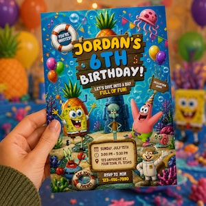 May include: A colorful birthday invitation featuring cartoon characters from a popular animated series. The invitation includes the text "Jordan's 6th Birthday!" and event details. The design incorporates underwater elements, balloons, and a pineapple.