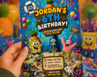Bearbeitbare Schwamm Geburtstagseinladungsvorlage - Unter dem Meer Kinder Party einladen - Cartoon Party Vorlage - Kinder Party einladen - Canva Vorlage
