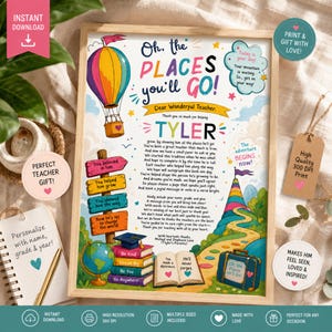 May include: A framed print with a colorful hot air balloon, a winding path, and the text "Oh, the Places You'll Go!" It's a personalized teacher gift with space for a name, grade, and year. The print includes inspirational quotes and is perfect for any occasion.