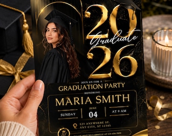 Moderne Abschluss-Einladungsvorlage 2026, bearbeitbare Foto-Abschluss-Party einladen, schwarzes Gold-Grad einladen, High School College-Abschluss