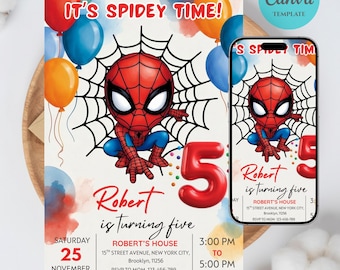 5. Spidey Geburtstagseinladung | Spinnenmann Einladung | Spider-man Jungen-Geburtstags-Party-Digital-Einladung | Bearbeitbare Canva Vorlage