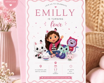 Bearbeitbare Gabbys Puppenhaus-Geburtstagseinladung, bearbeitbare Gabby's Kindergeburtstagsfeier-Vorlage, Canva Digital Download Mädchen Geburtstag einladen
