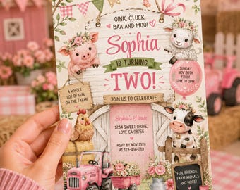 EDITIERBARE Girl Farm Geburtstagseinladung, Blumen auf dem Bauernhof Tiere einladen, Pink Barnyard Party Printables, sofortiger Download, Canva Vorlage