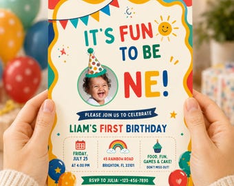 Bearbeitbar Es macht Spaß, eine Geburtstagseinladung, bunte erste Geburtstagseinladung, Foto 1. Geburtstag einladen, eine lustige Party, Canva-Vorlage zu sein