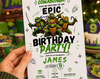Ninja Turtles Geburtstagseinladung, bearbeitbare Cowabunga Party einladen, Schildkröten-Geburtstagsfeiereinladung, Canva Vorlage, digitaler Download