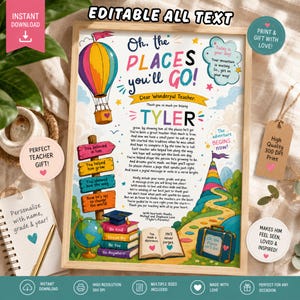 May include: A printable poster featuring the text Oh, the PLACES you'll GO! with a hot air balloon, a stack of books, a globe, and a winding path. The design includes a poem for a teacher, a signpost with directional arrows, and a suitcase.
